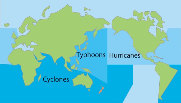 Typhoon、Hurricane、Cycloneの呼び方マップ